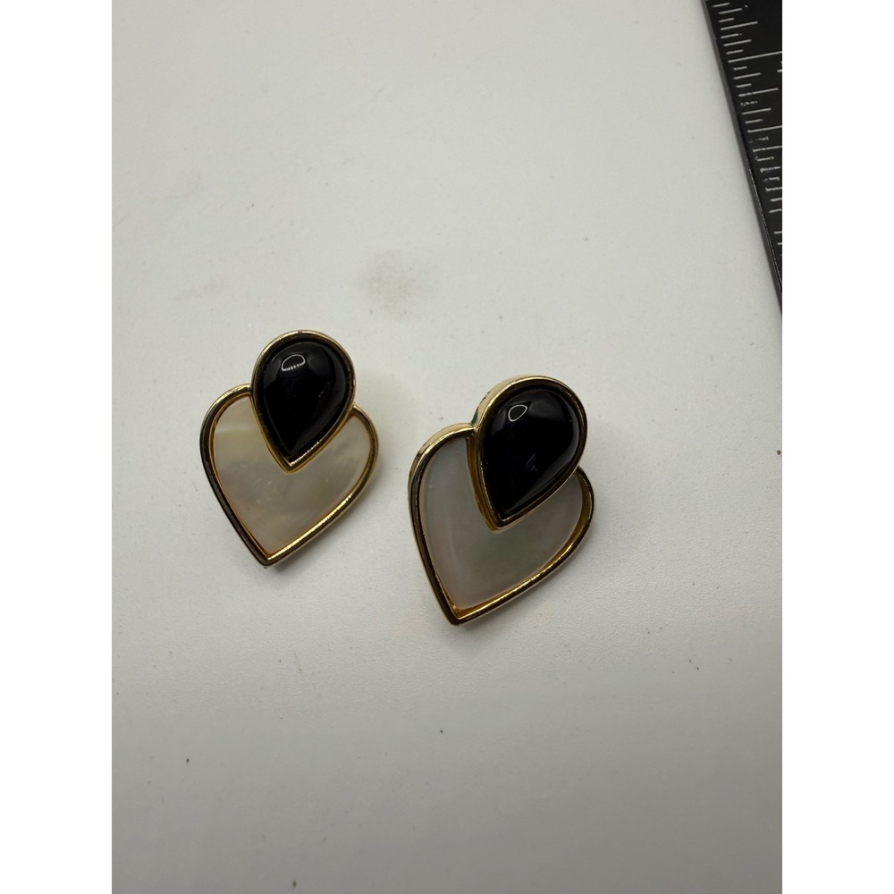 Vintage Gold Tone Mother of Pearl Black Onyx Heart Earrings Statement